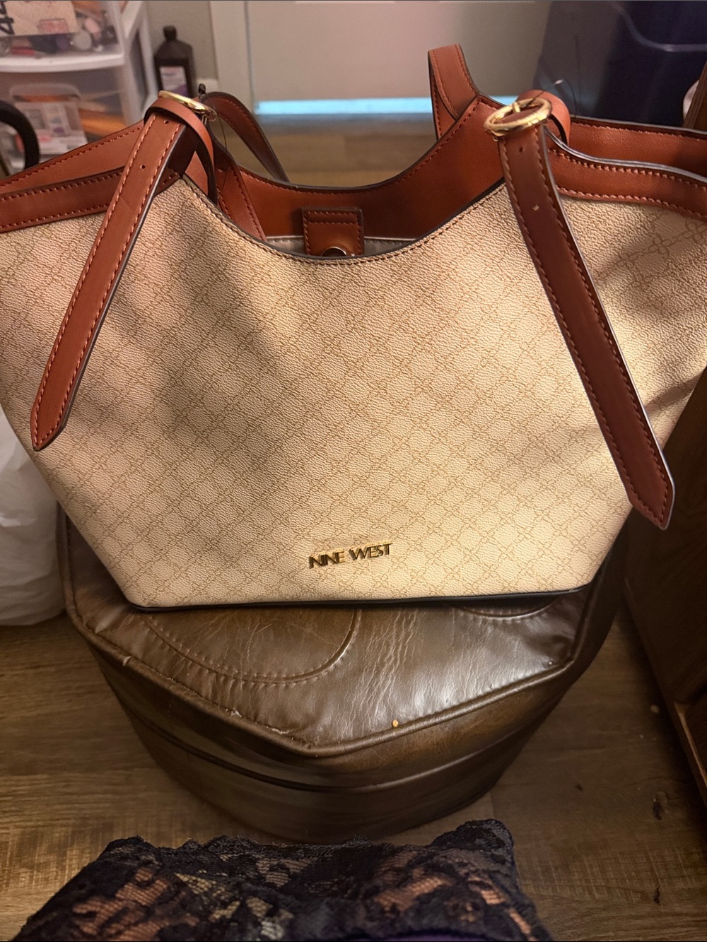 Nine West Cream and Brown Tote with Gold Logo